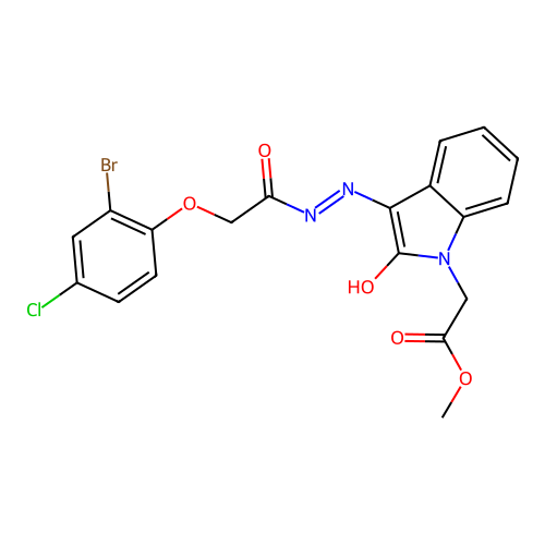 methyl [(3E)-3-{2-[(2-bromo-4-chlorophenoxy)acetyl]hydrazinylidene}-2-oxo-2,3-dihydro-1H-indol-1-yl]acetate structure