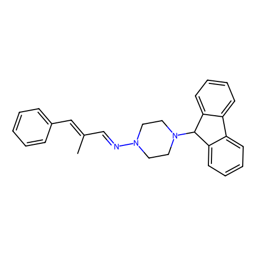 (E)-4-(9H-fluoren-9-yl)-N-((E)-2-methyl-3-phenylallylidene)piperazin-1-amine structure