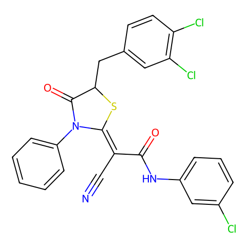 (2Z)-N-(3-chlorophenyl)-2-cyano-2-[5-(3,4-dichlorobenzyl)-4-oxo-3-phenyl-1,3-thiazolidin-2-ylidene]ethanamide structure