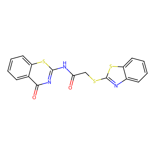 2-(1,3-benzothiazol-2-ylsulfanyl)-N-[(2Z)-4-oxo-3,4-dihydro-2H-1,3-benzothiazin-2-ylidene]acetamide structure