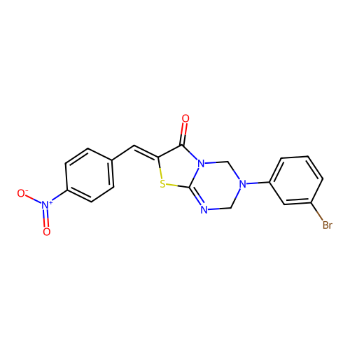 (Z)-3-(3-bromophenyl)-7-(4-nitrobenzylidene)-3,4-dihydro-2H-thiazolo[3,2-a][1,3,5]triazin-6(7H)-one structure