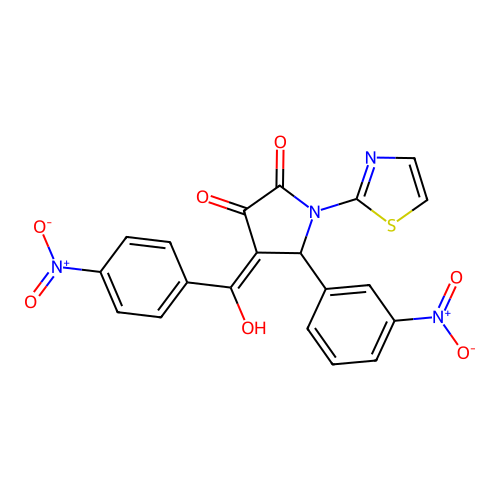 3-hydroxy-4-(4-nitrobenzoyl)-5-(3-nitrophenyl)-1-(thiazol-2-yl)-1H-pyrrol-2(5H)-one structure