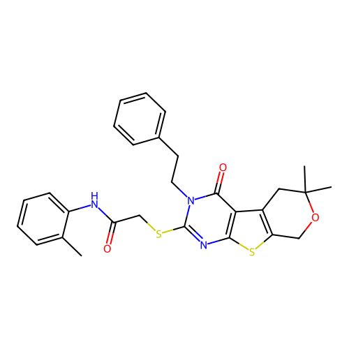 2-((6,6-dimethyl-4-oxo-3-phenethyl-4,5,6,8-tetrahydro-3H-pyrano[4',3':4,5]thieno[2,3-d]pyrimidin-2-yl)thio)-N-(o-tolyl)acetamide structure