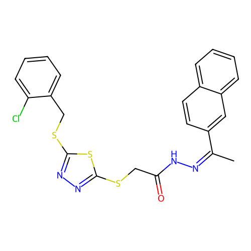 (Z)-2-((5-((2-chlorobenzyl)thio)-1,3,4-thiadiazol-2-yl)thio)-N'-(1-(naphthalen-2-yl)ethylidene)acetohydrazide structure