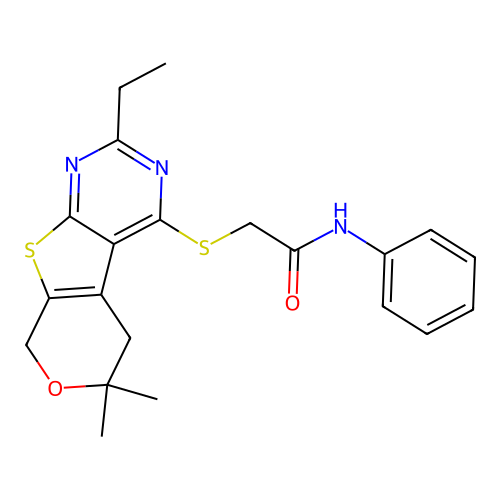 2-[(2-ethyl-6,6-dimethyl-5,8-dihydro-6H-pyrano[4',3':4,5]thieno[2,3-d]pyrimidin-4-yl)sulfanyl]-N-phenylacetamide structure