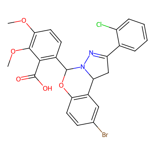 6-(9-bromo-2-(2-chlorophenyl)-5,10b-dihydro-1H-benzo[e]pyrazolo[1,5-c][1,3]oxazin-5-yl)-2,3-dimethoxybenzoic acid structure