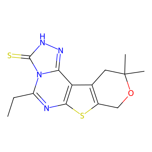 5-ethyl-10,10-dimethyl-10,11-dihydro-8H-pyrano[4',3':4,5]thieno[3,2-e][1,2,4]triazolo[4,3-c]pyrimidine-3(2H)-thione structure