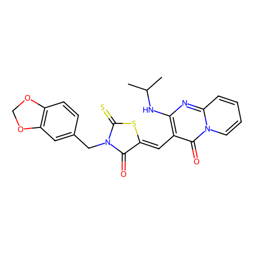 (Z)-3-(benzo[d][1,3]dioxol-5-ylmethyl)-5-((2-(isopropylamino)-4-oxo-4H-pyrido[1,2-a]pyrimidin-3-yl)methylene)-2-thioxothiazolidin-4-one structure