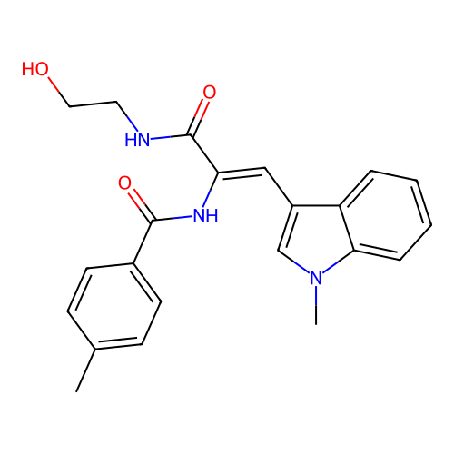 N-[(1Z)-3-[(2-hydroxyethyl)amino]-1-(1-methyl-1H-indol-3-yl)-3-oxoprop-1-en-2-yl]-4-methylbenzamide structure