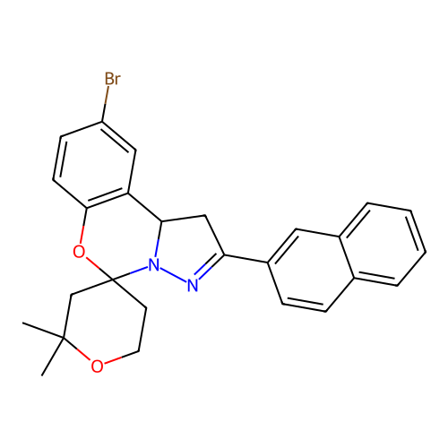 9'-bromo-2,2-dimethyl-2'-(naphthalen-2-yl)-1',2,3,5,6,10b'-hexahydrospiro[pyran-4,5'-pyrazolo[1,5-c][1,3]benzoxazine] structure