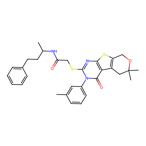 2-((6,6-dimethyl-4-oxo-3-(m-tolyl)-4,5,6,8-tetrahydro-3H-pyrano[4',3':4,5]thieno[2,3-d]pyrimidin-2-yl)thio)-N-(4-phenylbutan-2-yl)acetamide structure