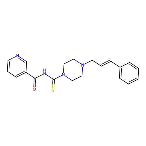 N-[4-((E)-3-Phenyl-allyl)-piperazine-1-carbothioyl]-nicotinamide structure
