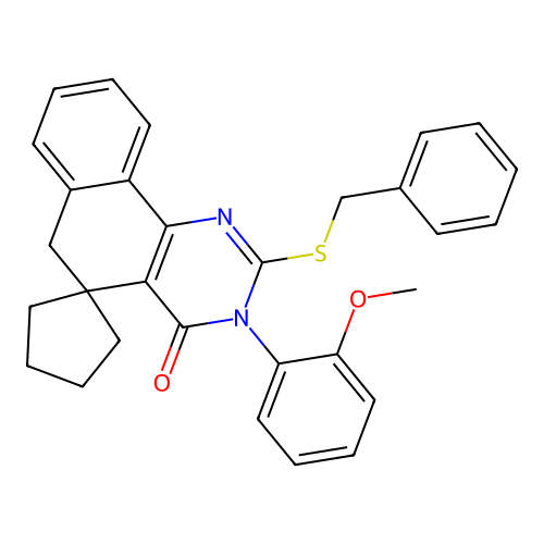 2-benzylsulfanyl-3-(2-methoxyphenyl)spiro[6H-benzo[h]quinazoline-5,1'-cyclopentane]-4-one structure