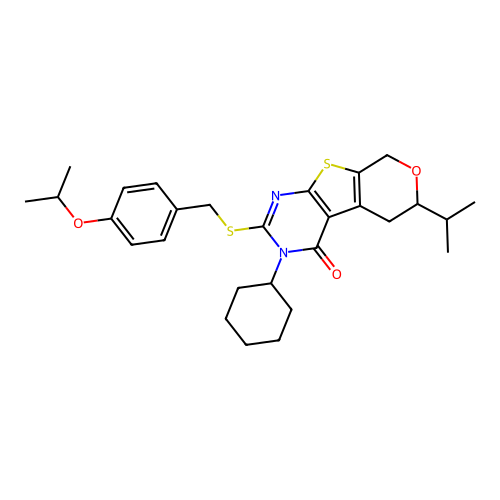 3-cyclohexyl-2-((4-isopropoxybenzyl)thio)-6-isopropyl-5,6-dihydro-3H-pyrano[4',3':4,5]thieno[2,3-d]pyrimidin-4(8H)-one structure
