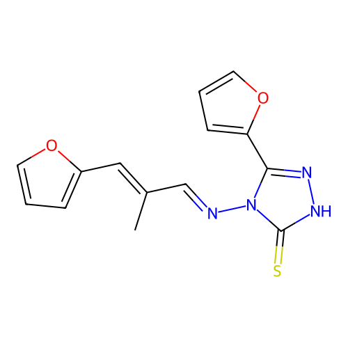 5-Furan-2-yl-4-[(E)-3-furan-2-yl-2-methyl-prop-2-en-(E)-ylideneamino]-4H-[1,2,4]triazole-3-thiol structure