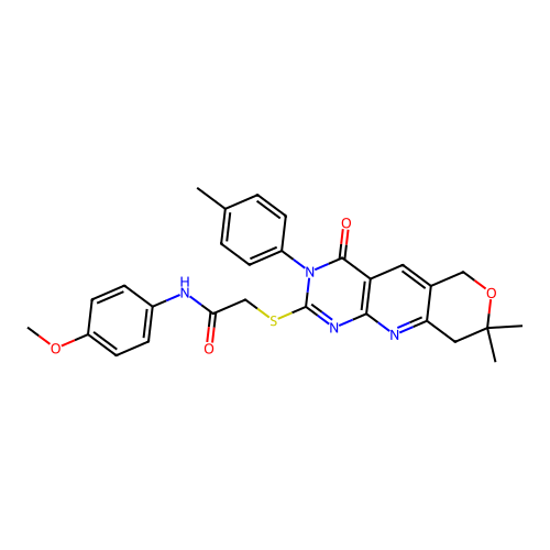 2-{[8,8-dimethyl-3-(4-methylphenyl)-4-oxo-3,6,8,9-tetrahydro-4H-pyrano[3',4':5,6]pyrido[2,3-d]pyrimidin-2-yl]sulfanyl}-N-(4-methoxyphenyl)acetamide structure