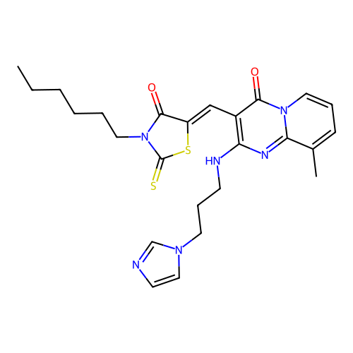 3-[(Z)-(3-hexyl-4-oxo-2-thioxo-1,3-thiazolidin-5-ylidene)methyl]-2-{[3-(1H-imidazol-1-yl)propyl]amino}-9-methyl-4H-pyrido[1,2-a]pyrimidin-4-one structure