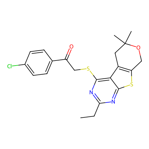 1-(4-chlorophenyl)-2-((2-ethyl-6,6-dimethyl-6,8-dihydro-5H-pyrano[4',3':4,5]thieno[2,3-d]pyrimidin-4-yl)thio)ethanone structure
