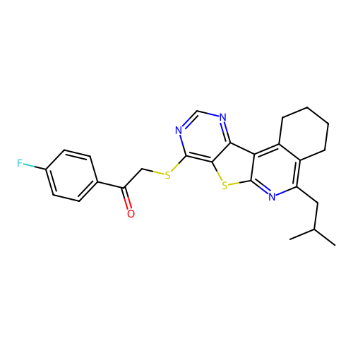 1-(4-fluorophenyl)-2-((5-isobutyl-1,2,3,4-tetrahydropyrimido[4',5':4,5]thieno[2,3-c]isoquinolin-8-yl)thio)ethanone structure