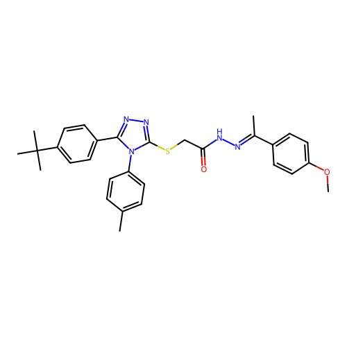 (E)-2-((5-(4-(tert-butyl)phenyl)-4-(p-tolyl)-4H-1,2,4-triazol-3-yl)thio)-N'-(1-(4-methoxyphenyl)ethylidene)acetohydrazide structure