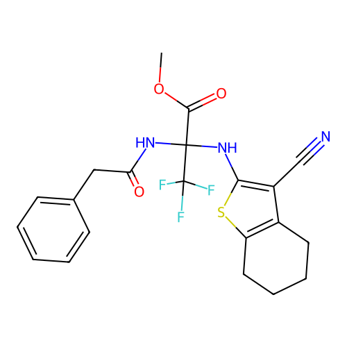 (S)-methyl 2-((3-cyano-4,5,6,7-tetrahydrobenzo[b]thiophen-2-yl)amino)-3,3,3-trifluoro-2-(2-phenylacetamido)propanoate structure