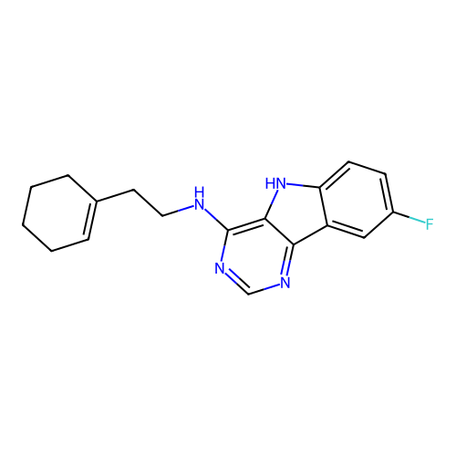 N-(2-(cyclohex-1-en-1-yl)ethyl)-8-fluoro-5H-pyrimido[5,4-b]indol-4-amine structure