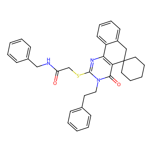 N-benzyl-2-((4-oxo-3-phenethyl-4,6-dihydro-3H-spiro[benzo[h]quinazoline-5,1'-cyclohexan]-2-yl)thio)acetamide structure
