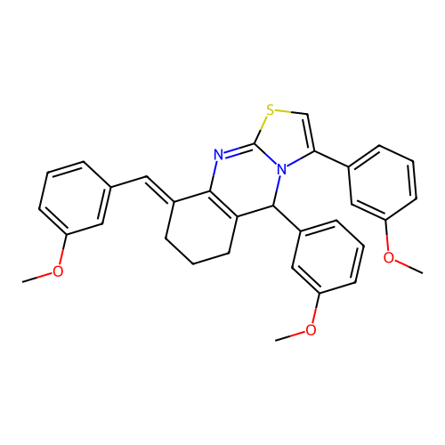(9E)-3,5-bis(3-methoxyphenyl)-9-[(3-methoxyphenyl)methylidene]-5,6,7,8-tetrahydro-[1,3]thiazolo[2,3-b]quinazoline structure
