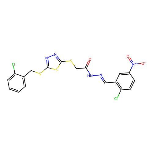 (E)-N'-(2-chloro-5-nitrobenzylidene)-2-((5-((2-chlorobenzyl)thio)-1,3,4-thiadiazol-2-yl)thio)acetohydrazide structure