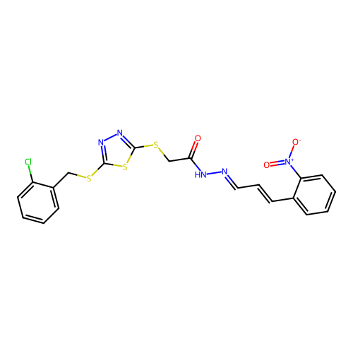 (E)-2-((5-((2-chlorobenzyl)thio)-1,3,4-thiadiazol-2-yl)thio)-N'-((E)-3-(2-nitrophenyl)allylidene)acetohydrazide structure