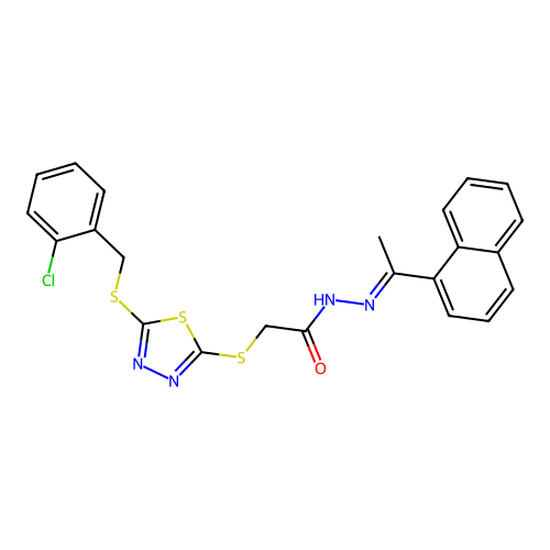 2-({5-[(2-chlorobenzyl)sulfanyl]-1,3,4-thiadiazol-2-yl}sulfanyl)-N'-[(1E)-1-(naphthalen-1-yl)ethylidene]acetohydrazide structure
