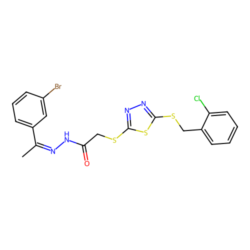 (Z)-N'-(1-(3-bromophenyl)ethylidene)-2-((5-((2-chlorobenzyl)thio)-1,3,4-thiadiazol-2-yl)thio)acetohydrazide structure