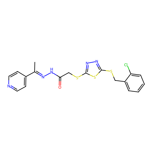 2-({5-[(2-chlorobenzyl)sulfanyl]-1,3,4-thiadiazol-2-yl}sulfanyl)-N'-[(1E)-1-(pyridin-4-yl)ethylidene]acetohydrazide structure