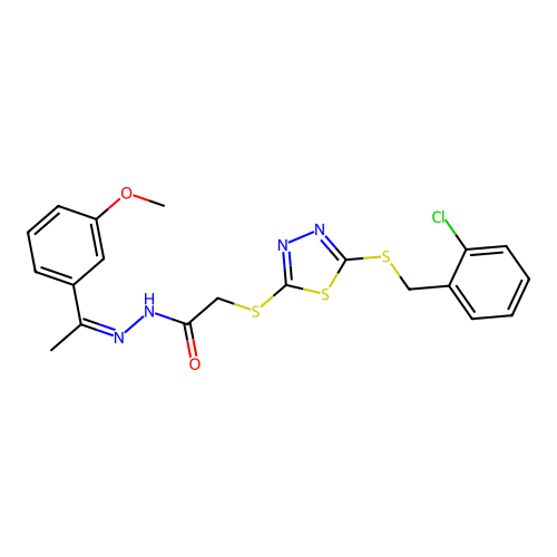 (Z)-2-((5-((2-chlorobenzyl)thio)-1,3,4-thiadiazol-2-yl)thio)-N'-(1-(3-methoxyphenyl)ethylidene)acetohydrazide structure