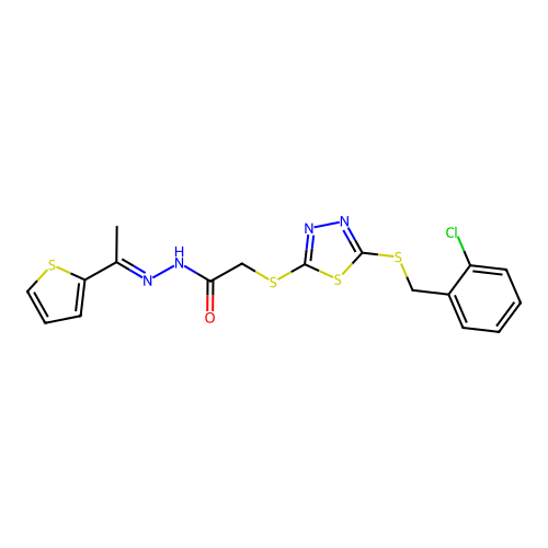 2-({5-[(2-chlorobenzyl)sulfanyl]-1,3,4-thiadiazol-2-yl}sulfanyl)-N'-[(1E)-1-(thiophen-2-yl)ethylidene]acetohydrazide structure