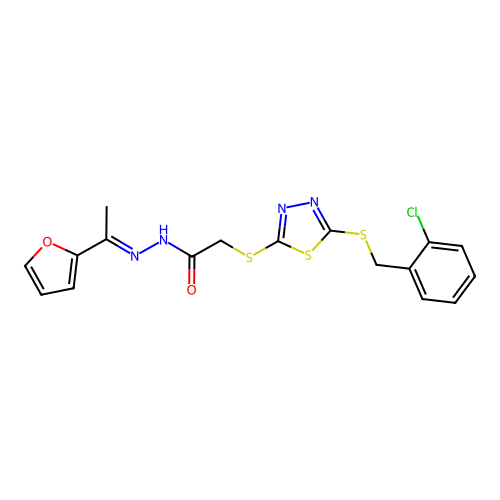 2-({5-[(2-chlorobenzyl)sulfanyl]-1,3,4-thiadiazol-2-yl}sulfanyl)-N'-[(1E)-1-(furan-2-yl)ethylidene]acetohydrazide structure