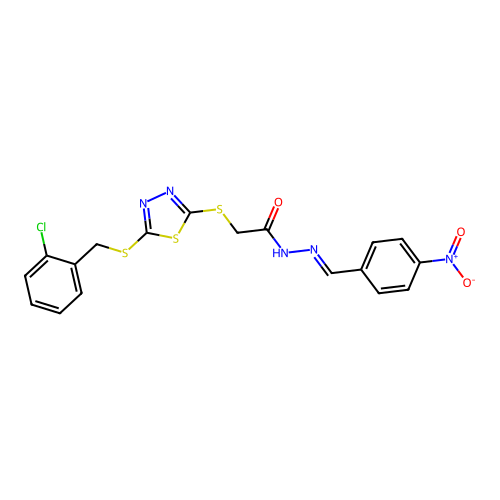 (E)-2-((5-((2-chlorobenzyl)thio)-1,3,4-thiadiazol-2-yl)thio)-N'-(4-nitrobenzylidene)acetohydrazide structure