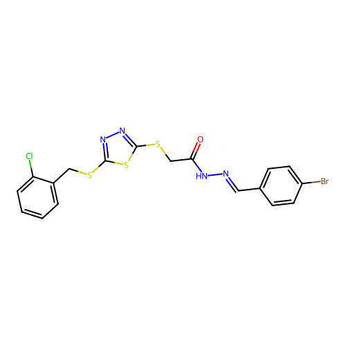 (E)-N'-(4-bromobenzylidene)-2-((5-((2-chlorobenzyl)thio)-1,3,4-thiadiazol-2-yl)thio)acetohydrazide structure