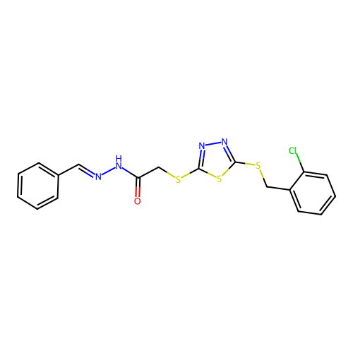 (E)-N'-benzylidene-2-((5-((2-chlorobenzyl)thio)-1,3,4-thiadiazol-2-yl)thio)acetohydrazide structure