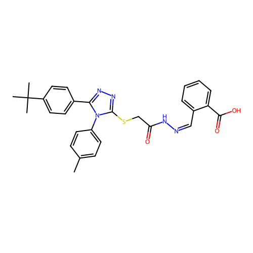 2-[(E)-[[2-[[5-(4-tert-butylphenyl)-4-(4-methylphenyl)-1,2,4-triazol-3-yl]sulfanyl]acetyl]hydrazinylidene]methyl]benzoic acid structure