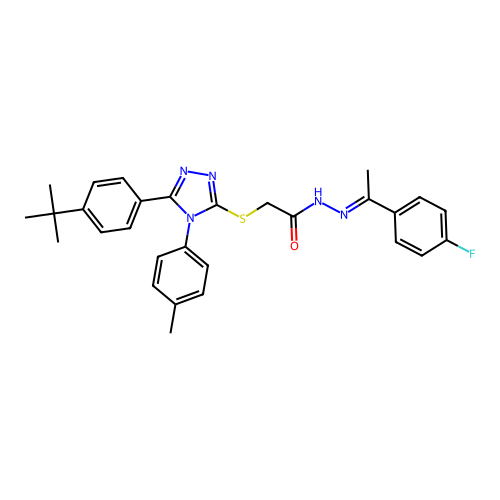 2-{[5-(4-tert-butylphenyl)-4-(4-methylphenyl)-4H-1,2,4-triazol-3-yl]sulfanyl}-N'-[(1E)-1-(4-fluorophenyl)ethylidene]acetohydrazide structure