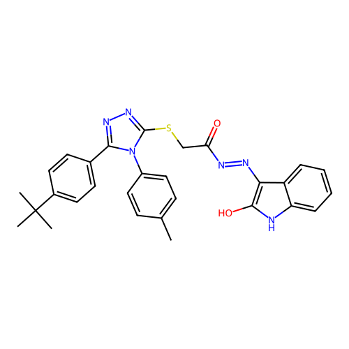 2-{[5-(4-tert-butylphenyl)-4-(4-methylphenyl)-4H-1,2,4-triazol-3-yl]sulfanyl}-N'-[(3E)-2-oxo-1,2-dihydro-3H-indol-3-ylidene]acetohydrazide structure