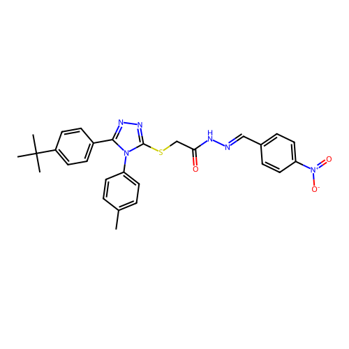(E)-2-((5-(4-(tert-butyl)phenyl)-4-(p-tolyl)-4H-1,2,4-triazol-3-yl)thio)-N'-(4-nitrobenzylidene)acetohydrazide structure