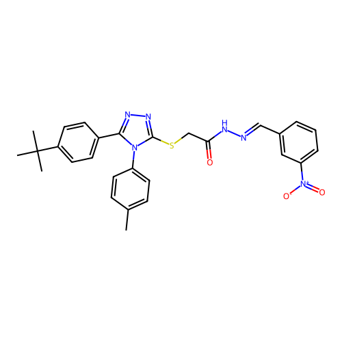 (E)-2-((5-(4-(tert-butyl)phenyl)-4-(p-tolyl)-4H-1,2,4-triazol-3-yl)thio)-N'-(3-nitrobenzylidene)acetohydrazide structure