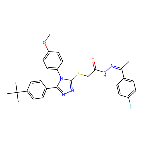 (Z)-2-((5-(4-(tert-butyl)phenyl)-4-(4-methoxyphenyl)-4H-1,2,4-triazol-3-yl)thio)-N'-(1-(4-fluorophenyl)ethylidene)acetohydrazide structure
