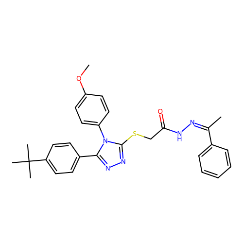 2-[[5-(4-tert-butylphenyl)-4-(4-methoxyphenyl)-1,2,4-triazol-3-yl]sulfanyl]-N-[(E)-1-phenylethylideneamino]acetamide structure