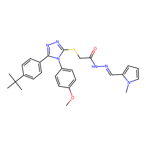 2-{[5-(4-tert-butylphenyl)-4-(4-methoxyphenyl)-4H-1,2,4-triazol-3-yl]sulfanyl}-N'-[(E)-(1-methyl-1H-pyrrol-2-yl)methylidene]acetohydrazide structure