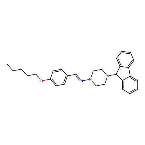 4-(9H-fluoren-9-yl)-N-{(E)-[4-(pentyloxy)phenyl]methylidene}piperazin-1-amine structure