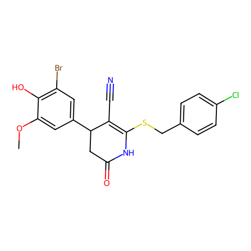 4-(3-bromo-4-hydroxy-5-methoxyphenyl)-2-((4-chlorobenzyl)thio)-6-oxo-1,4,5,6-tetrahydropyridine-3-carbonitrile structure