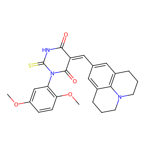 (5Z)-1-(2,5-dimethoxyphenyl)-2-sulfanyl-5-(2,3,6,7-tetrahydro-1H,5H-pyrido[3,2,1-ij]quinolin-9-ylmethylidene)pyrimidine-4,6(1H,5H)-dione structure